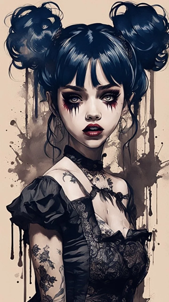 Poster in two gradually, a one side malevolent goth vampire girl face and other side the Singer Melanie Martinez face, full body, painting by Yoji Shinkawa, darkblue and sepia tones,