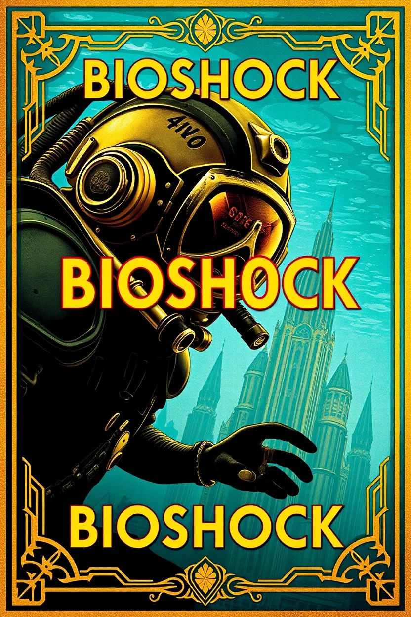 stunning stylish movie poster of BIOSHOCK video game with traditional Art Deco style with intricate borders, elegant typography, perfect lettering and vibrant colors typical to the era, gold nuances, turquoise, black and bronze, Bright and shiny, "BIOSHOCK" written in perfectly clear art Deco letters, gold and black, Big Daddy mechanized deep sea diver featured, underwater art deco retro futuristic buildings of Rapture from the video game in the background