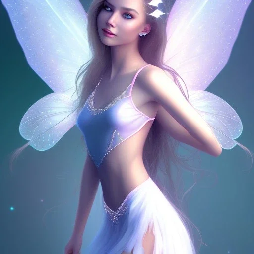 smiling girl, cute, beautiful, long hair, transparent dress, fairy wings, full body