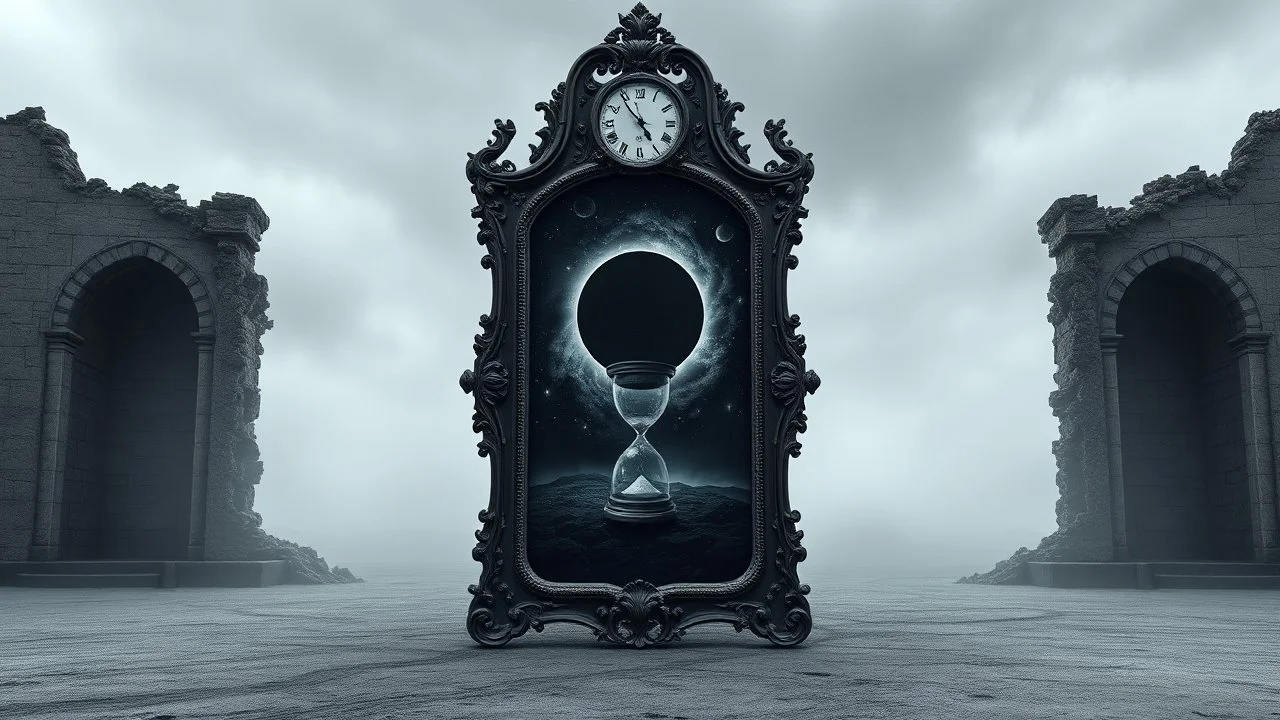 Midnight as a physical dimension. A monumental baroque mirror standing in empty gray desert landscape before a crumbling old gothic stone wall, Cold gray reality outside the mirror, subtle fog. antique clock above the frame showing exactly 12:00. Inside the mirror lies the Realm of Midnight: a colossal black eclipse above an endless cosmic abyss, melting stars, brocken hourglass inside the mystic mirror, and big abyss of universum, the mirror one gate into the midnight space, Dark surreal vibe,