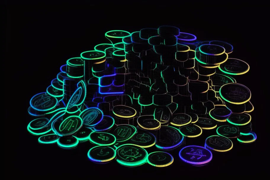 black background, outlines of a holographic pile of coins, diagram drawn from thin neon-coloured glowing lines