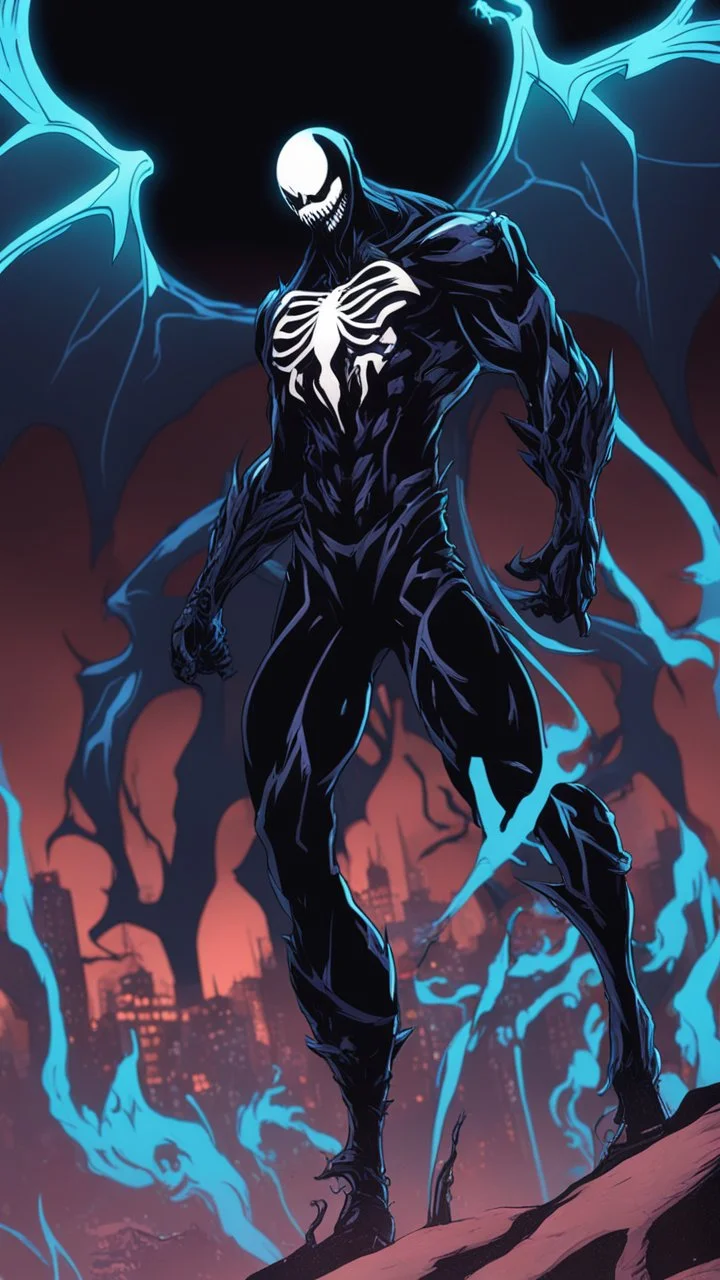 Mix between venom symbiote and Reaper in solo leveling shadow style with neon glowing blue