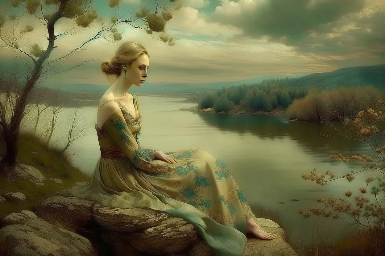 Single image: A Very Beautiful pretty dreamy Lady in eerie beautiful landscape art by Anka Zhuravleva, Sandy Welch, Jane Small, Aliza Razell, Eduard Veith, Joel Robison, Mikhail Vrubel, Ferdinand Hodler, Christoffer Relander, William Timlin, Charles Rennie Mackintosh, John Lowrie Morrison, Sidney Nolan. 3/4 Headshot, Volumetric lighting, 3d, mixed media, Best quality, crisp quality