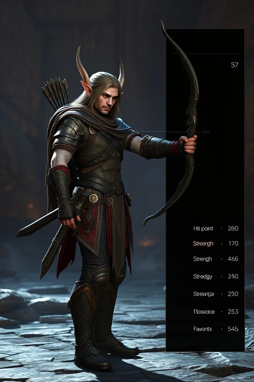 Unreal engine, RPG video game character creation screen, Elven archer with statistics in a vertical menu bar, "Hit Points", "EXP Points", Strentgh, Dexterity, modern video game textures, swaord and sorcery video game character