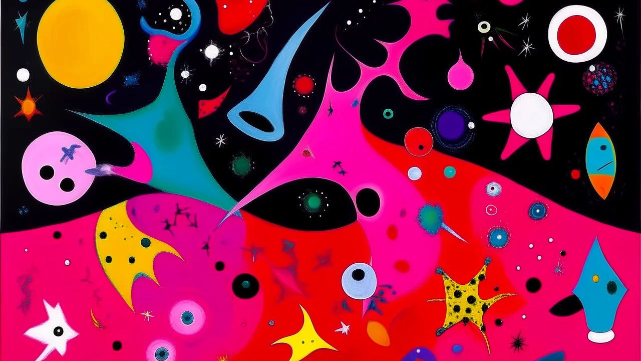 A magenta outer space with swirling stars painted by Joan Miro