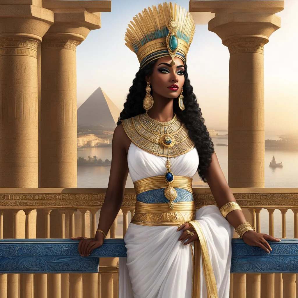 Ah, the queen of Egypt, a vision of regal beauty, her eyes reflecting the ancient wisdom of the Nile itself. She stands on her balcony, a queen among mortals, her gaze piercing through the lens of the camera, capturing the essence of her power and grace. Behind her, the stone balcony overlooks the mighty Nile, its waters flowing like the lifeblood of the land, carrying with it the stories of centuries past.