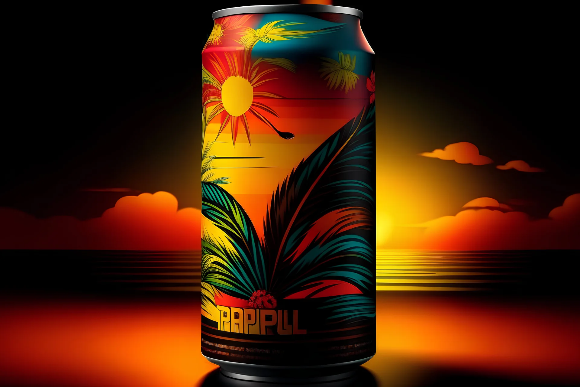 "Generate an image of a cocktail can with the label 'Tropical Sunset.' The can should have a visually appealing design and be placed in front of.black background , with warm, vibrant colors and elements that evoke a sunset over a tropical beach. Ensure the cocktail can is the central focus of the image, and the overall composition is inviting and enticing."