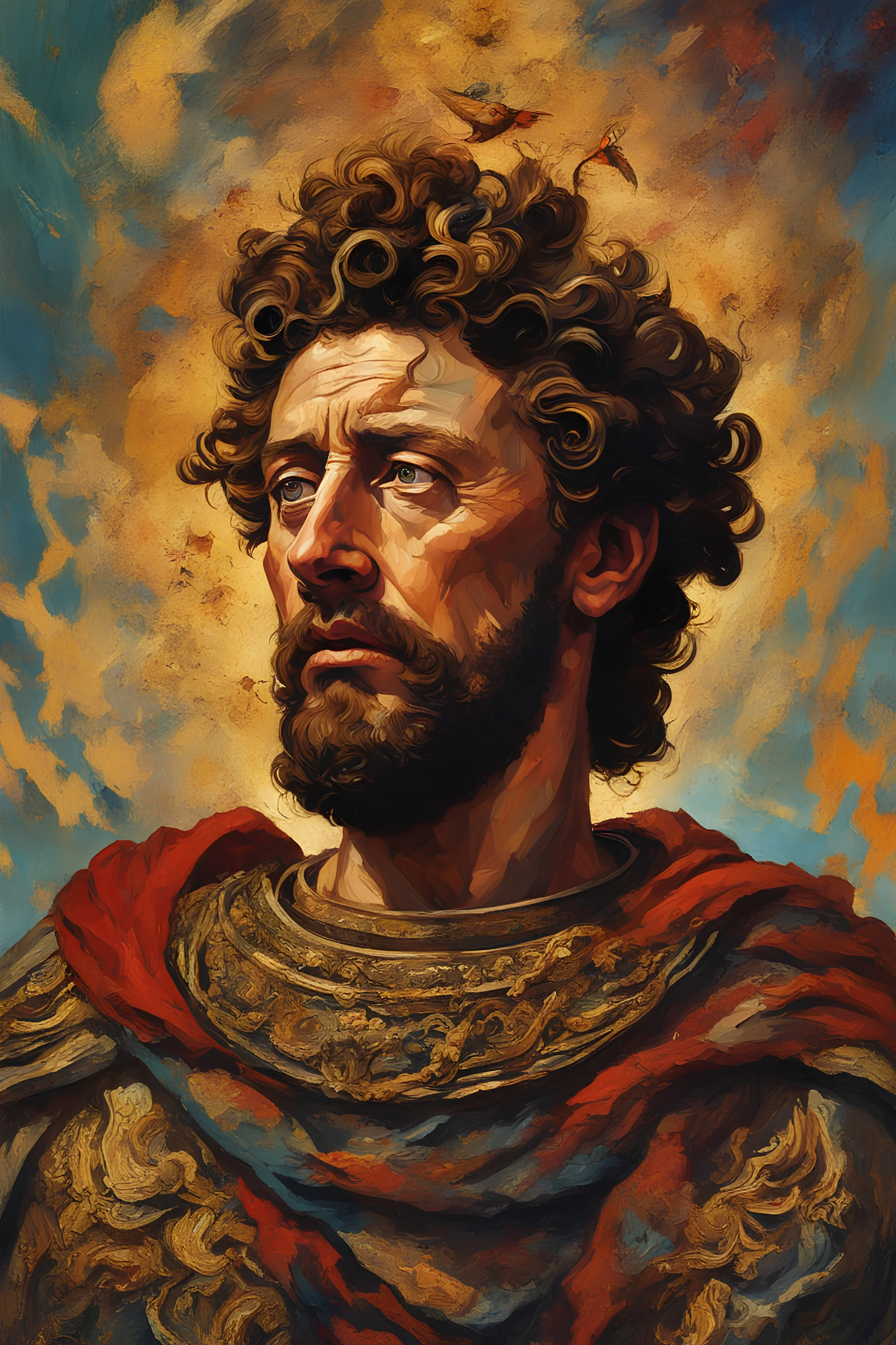 Marcus Aurelius, 4k quality, vivid, existential facial expression, art, vivid, intricate, tragedy, war, pain, painting, piece