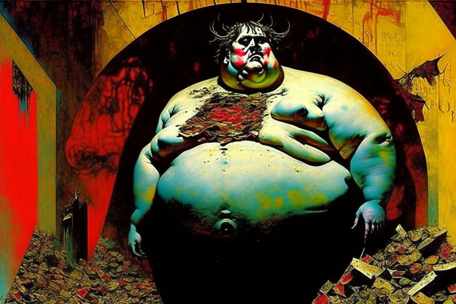 Style by Keith Thompson and Ray Johnson and Dave McKean, Dante's third level of hell = GLUTTONY, symbolic art, diagonal composition, massively obese non-human radical bio deformity, masterpiece, grotesque, eerie, neo surrealism, colorful