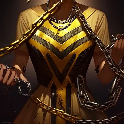 breaking out of chains, hands look realistic, chains are broken, anime, freed, breaking the links in a chain to escape, reowning her power, chain is gold, liberation