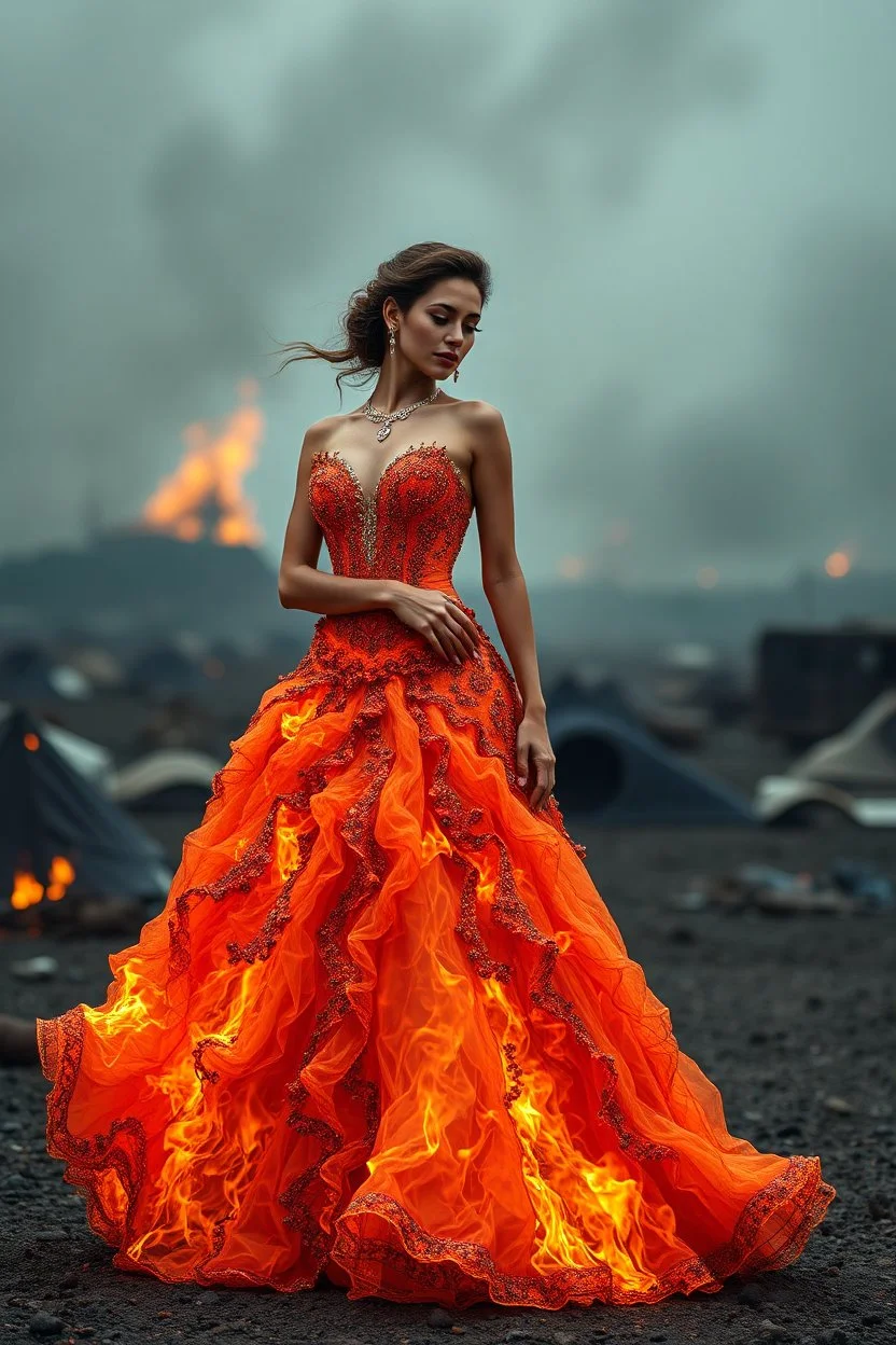 A hyper-realistic, beautyful woman wearing a ballroom gown made of fire, Photo Real, HOF, full size, practicality,manufacturability,performance, (((realism, realistic, realphoto, photography, portrait, realistic, elegant, charming, apocalyptic environment, professional photographer, captured with professional DSLR camera, trending on Artstation, 64k, ultra detailed, ultra accurate detailed, bokeh lighting, surrealism,
