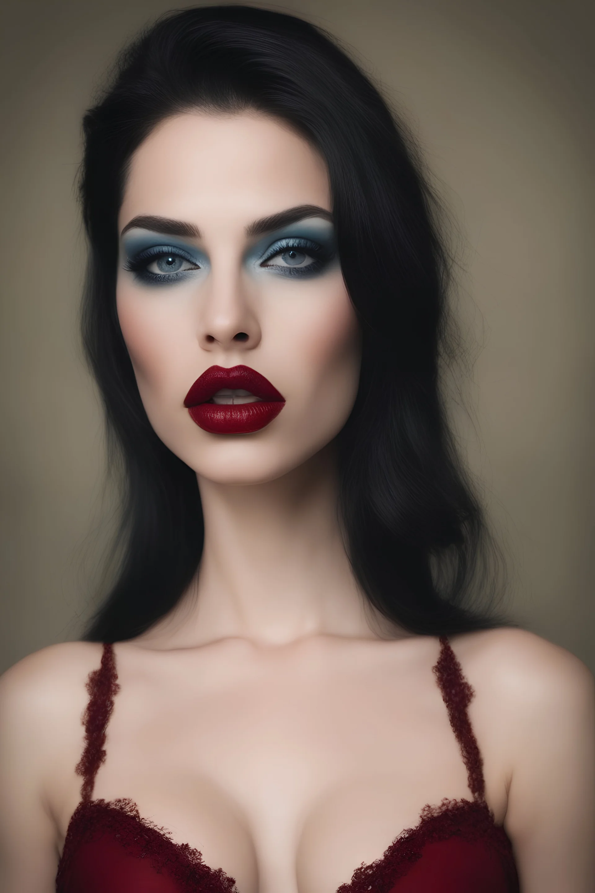 an extremely ugly abomination of a girl with great big pouty lips:1.5 and a humongous nose:1.5, wide set slanted soft blue eyes, extremely pointed chin, black hair, Annabella Lugosi, medium long shot, wide angle shot, full body image, head to toe, red lipstick