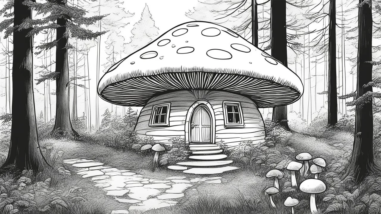 Ground-level outline sketch of a mushroom house in the woods