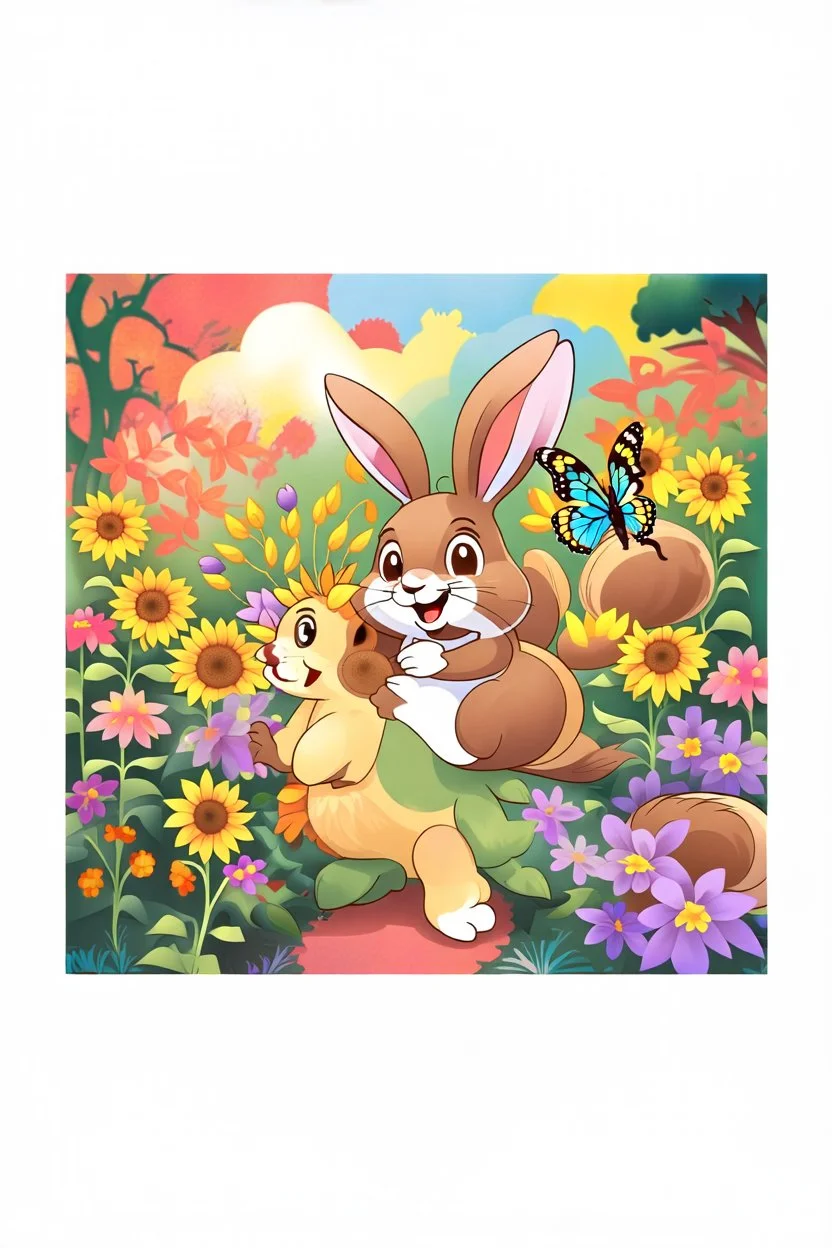 The cute bunny excitedly looks at a bright yellow sunflower in the colorful garden, the beautiful butterfly and friendly brown squirrel are smiling, child book illustration style, faces must be the same as reference image