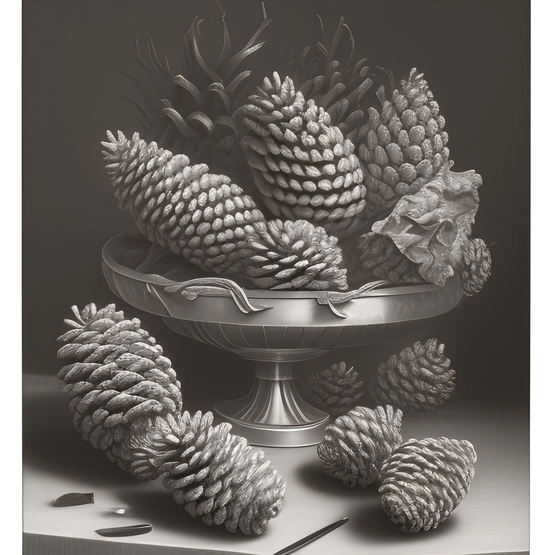 a realistic still life graphite drawing of pine cones in the classical style of Pieter Claesz, Jan Jansz. van de Velde and Anthonie Leemans