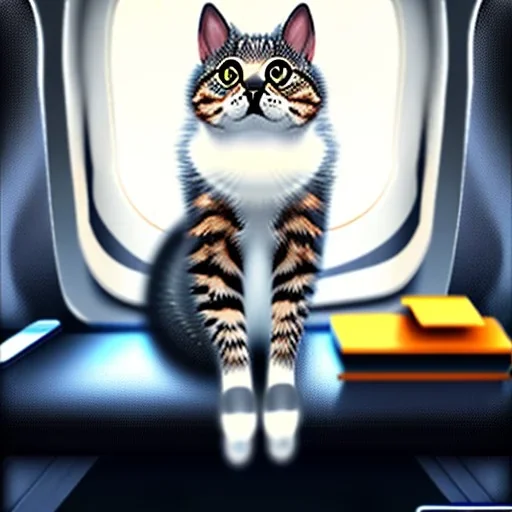 Gato sentado em uma poltrona de avião, foto realista,corpo inteiro