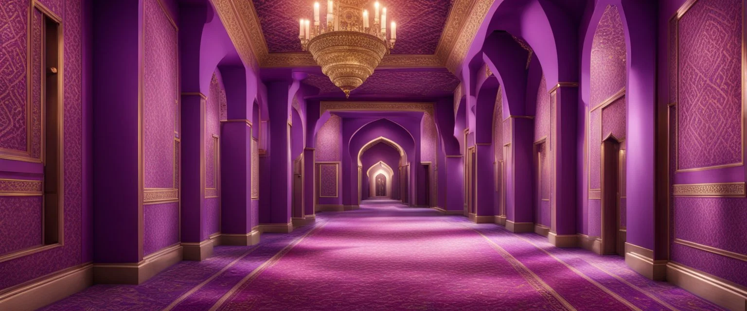 Hyper realistic detailed hallway inside purple wall Mosque with maroon pillars, beautiful carpet & ceiling lights at night