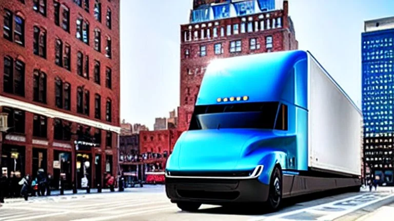 A Tesla semi-truck is racing at top speed, on the South Street Seaport, in New York. CINEMATIC. WIDE ANGLE LENS. PHOTO REAL.