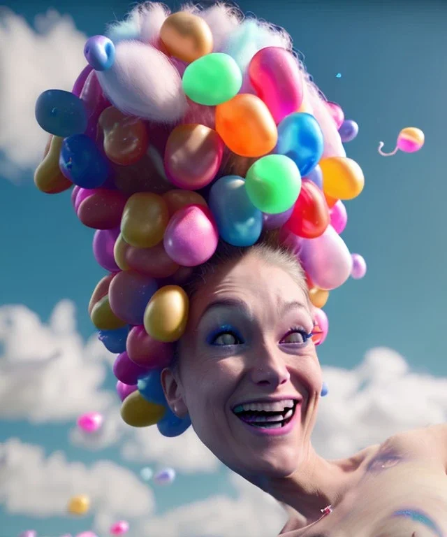 Ultra realistic speed clouds sky scene, wide angle view, sweet women falling down, inflatable color clothing, free jumping flying, many trinkets, hair monster, many jelly beans, balls, color smoke, smile, happy, circus style, extreme, wind, 20,000 feet altitude, stratosphere, soft color, highly detailed, unreal engine 5, ray tracing, RTX, lumen lighting, ultra detail, volumetric lighting, 3d, finely drawn, high definition, high resolution.