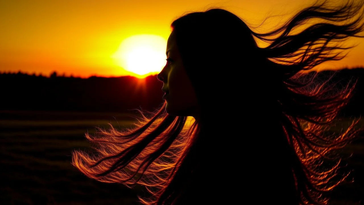 Silhouette of the head of a young lady with long flowing hair in a slight breeze. At sunset in Czech nature.