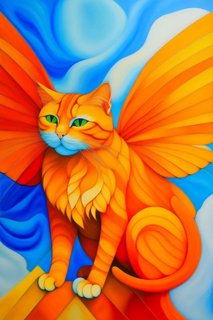 orange cat with stripes in heaven with wings and a cubism