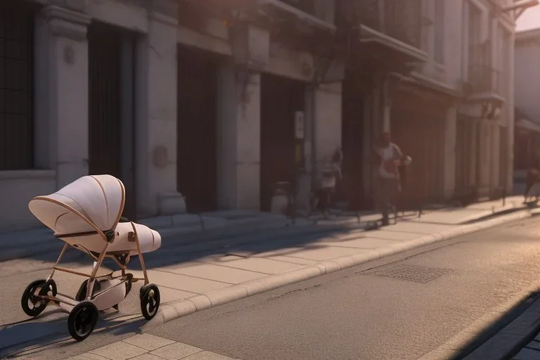 Looking downward into a pram on a sidewalk. There is a baby that looks like a young Donald Trump