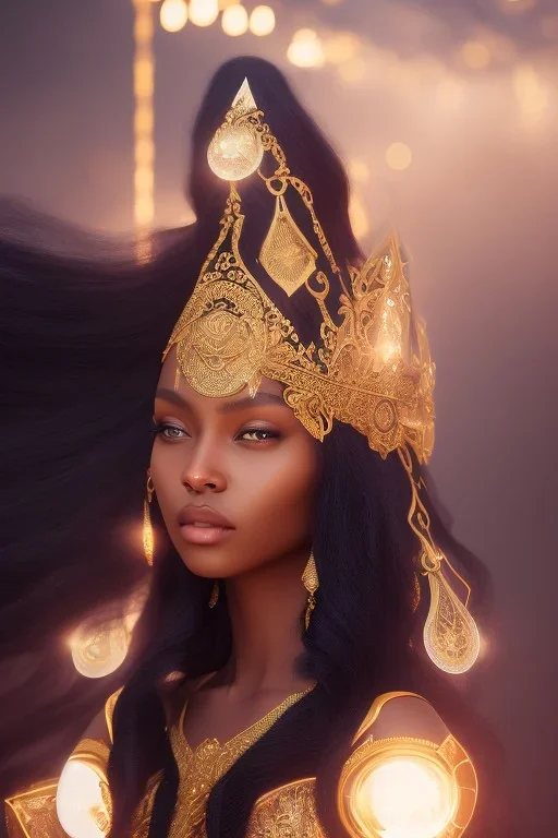 A portrait of a beautiful curvaceous black woman with long black hair, wearing a black dress with a deep v neck, wizard, magical, ethereal, intricate, sharp realistic lighting. Concept art by wlop. Ultra quality 8k.