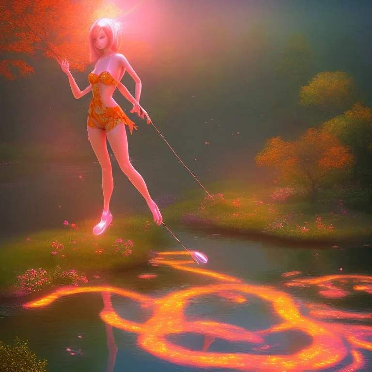 pink lady, hovering over pond, river, glowing, orange