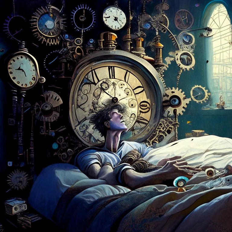 A drug-addicted individual is illustrated lying in bed, surrounded by old clockwork machinery and gears. As they drift off into their fantasy, the clocks come alive, each one representing a different realm of their imagination. The hands of the clocks spin backward, accelerating time, and whisking the person away to their magical dreamscape.