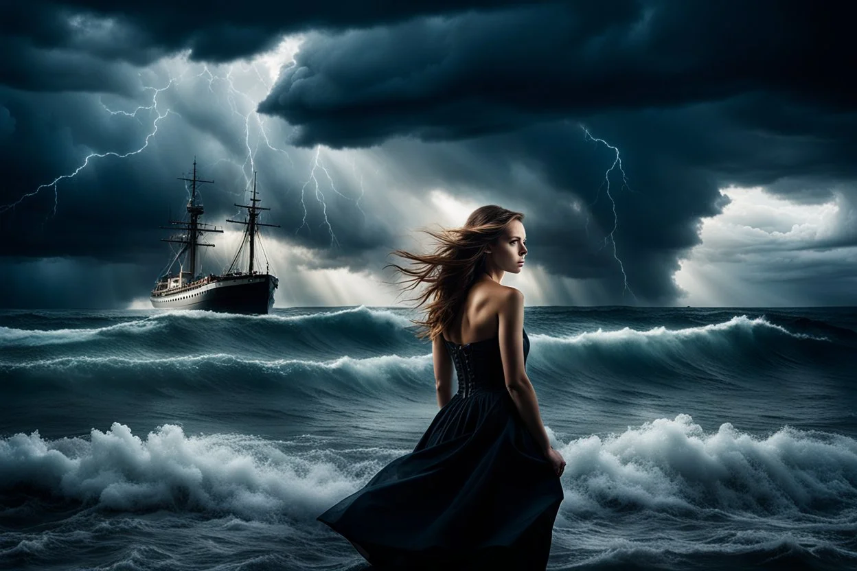 Compose a haunting and powerful image of a beautiful girl surrounded by her sadness in a surreal environment. Use dynamic lighting to create contrast and depth, illuminating her emotions and struggles. The sky above should be turbulent, with storm clouds brewing, reflecting the turmoil within her. In the background, depict a stormy ocean with a sinking ship, symbolizing loss and despair. Show a few people struggling for survival, adding a sense of urgency and chaos to the scene. Let the composit