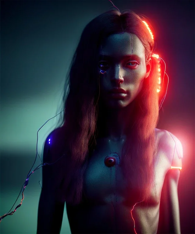 Ultra realistic photographic night portrait, cinematic, naked, long hair <latin woman> <hanging wires> many wires coming out of the head <perfect pupil> <cyborg> <garage> <wide angle Shot> <sci-fi futuristic> <thriller>, fog, soft color, highly detailed, unreal engine 5, ray tracing, RTX, lumen lighting, ultra detail, volumetric lighting, high definition.