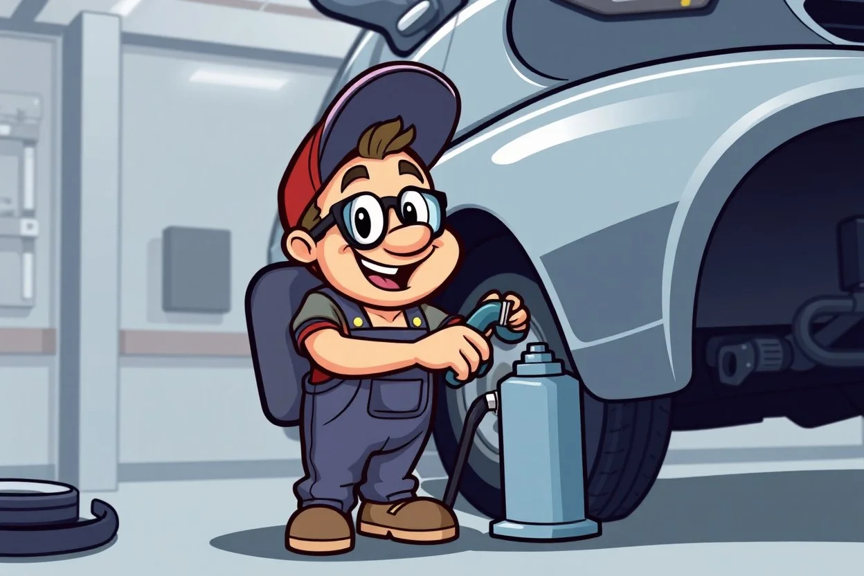 retro cartoon mascot of a vehicle mechanic, under a vehicle doing an oil change, in modern vector