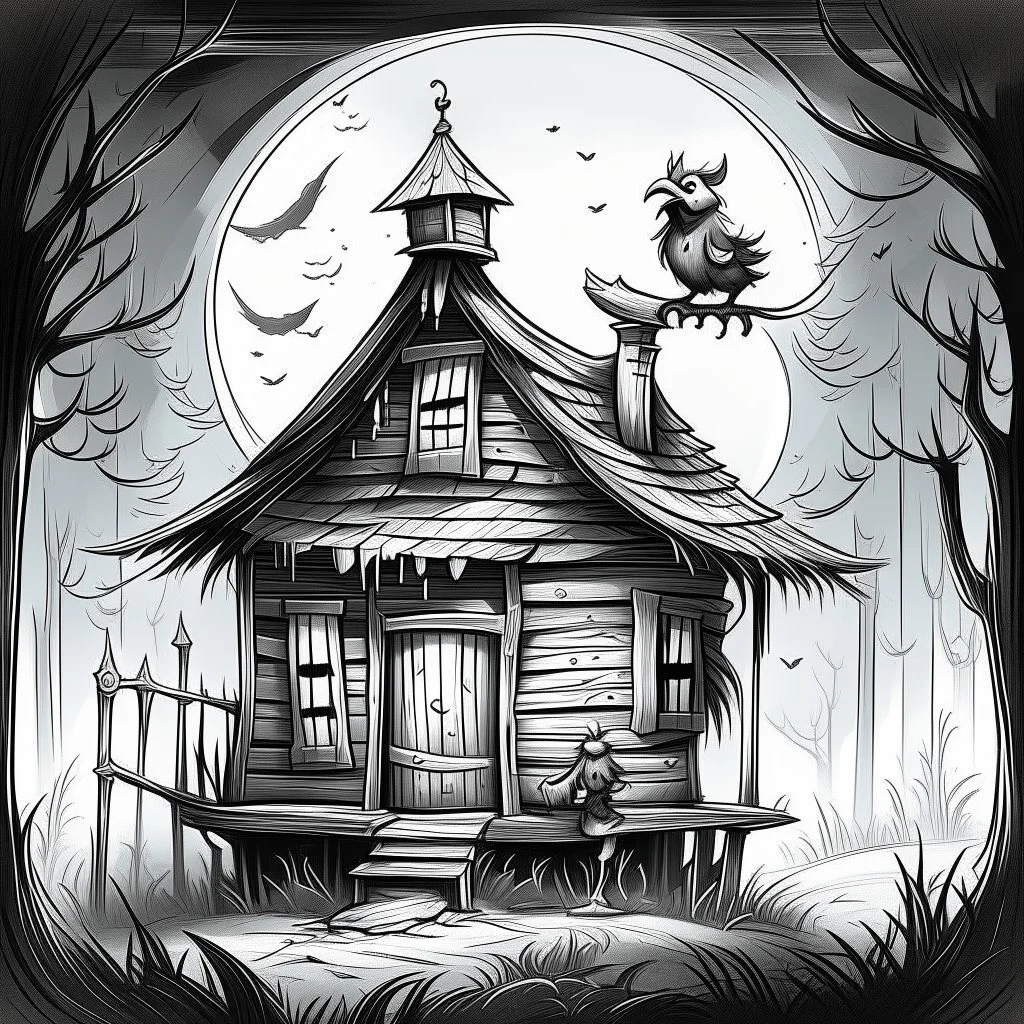 Make black and white cute drawing of a Baba Yaga’s House (Walking Hut on Chicken Legs) with black bold lines. Only outline, no grayscale. A quirky wooden hut with chicken legs, stomping playfully through a magical forest. Add details like a crooked chimney, glowing windows, and a fence made of bones.