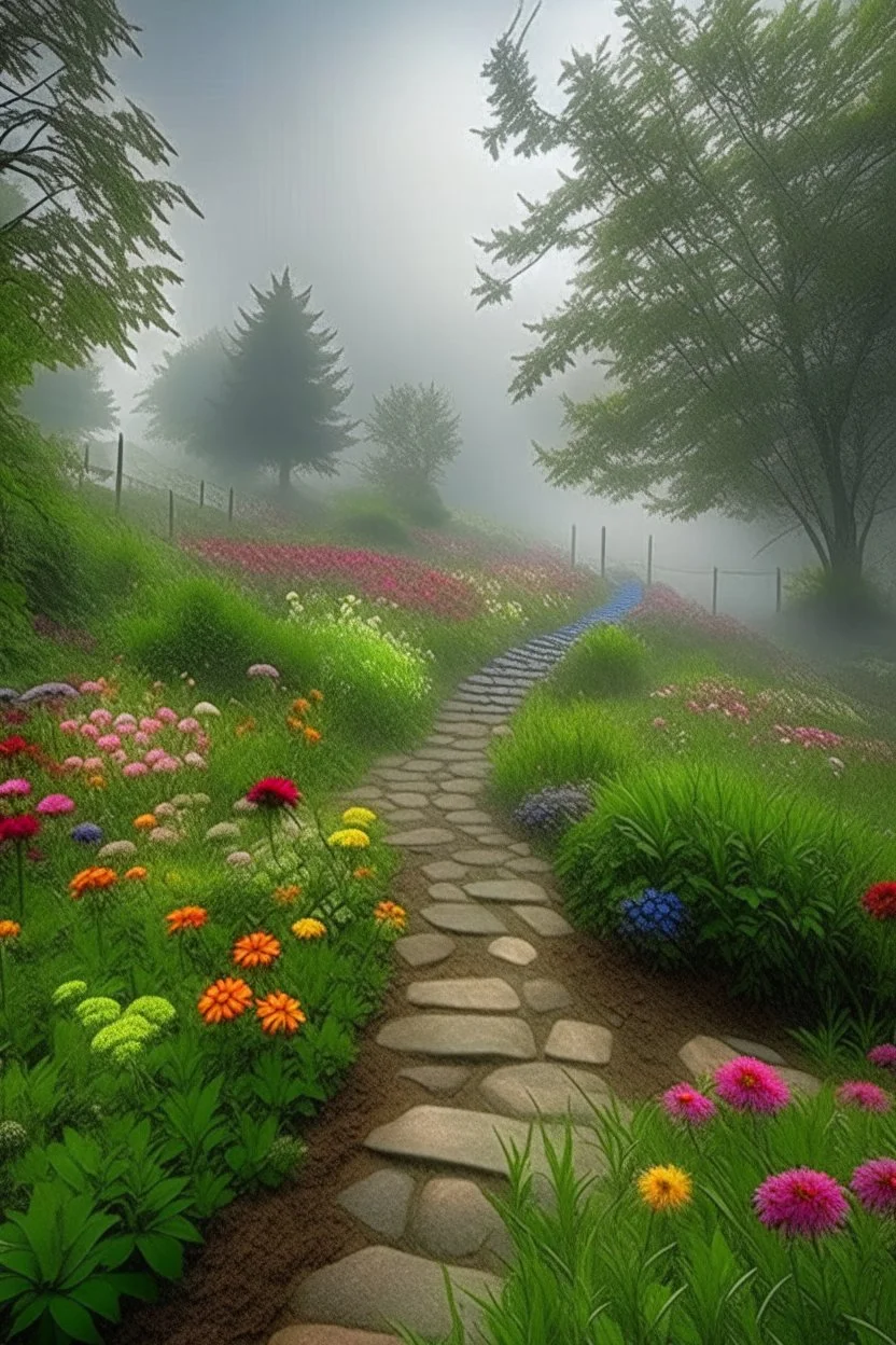 park, botanical garden, many flowers, multi-level, path, fog, morning, professional photo, Ultra HD, HDR