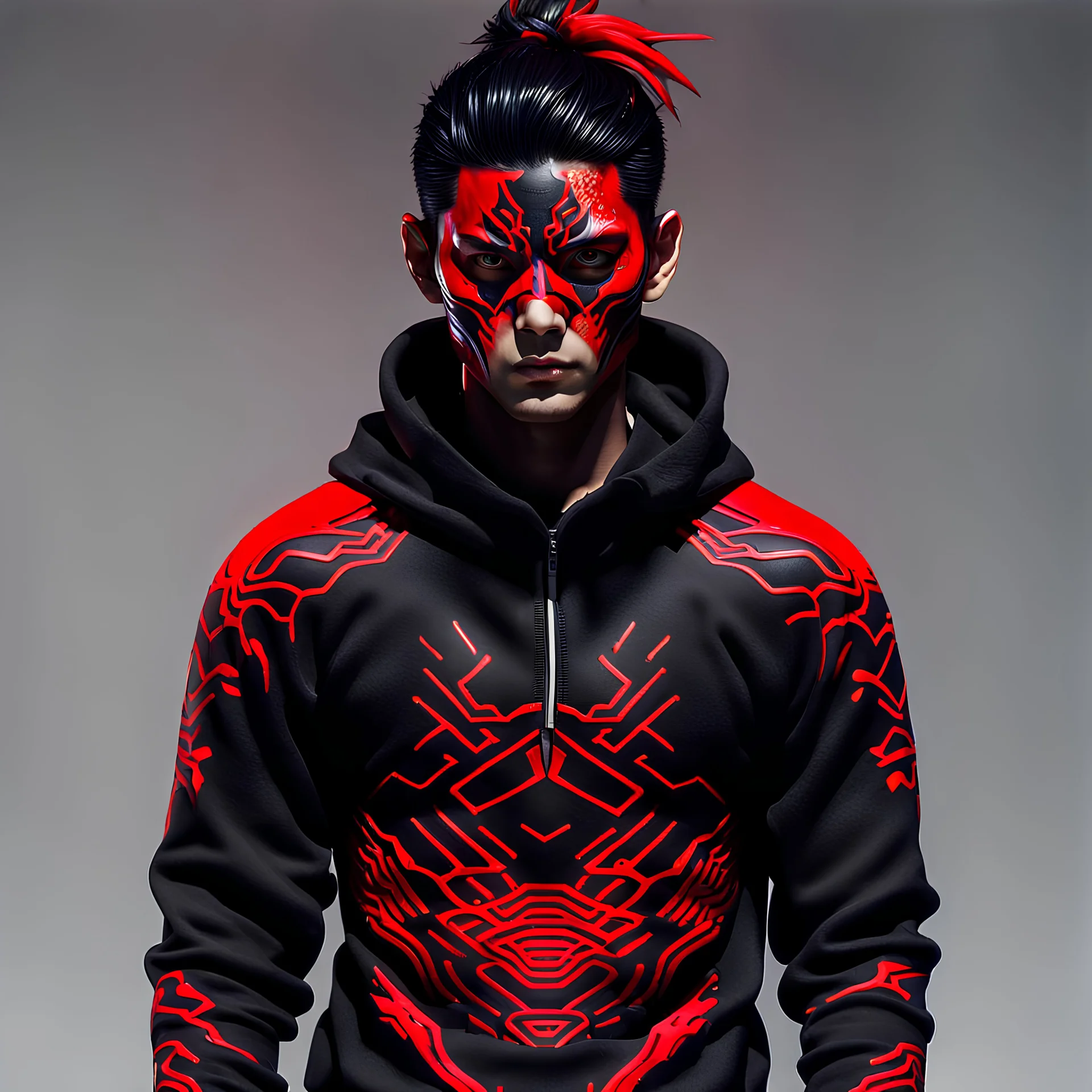 Futuristic male Japanese assassin, red facepaint, black sweatshirt