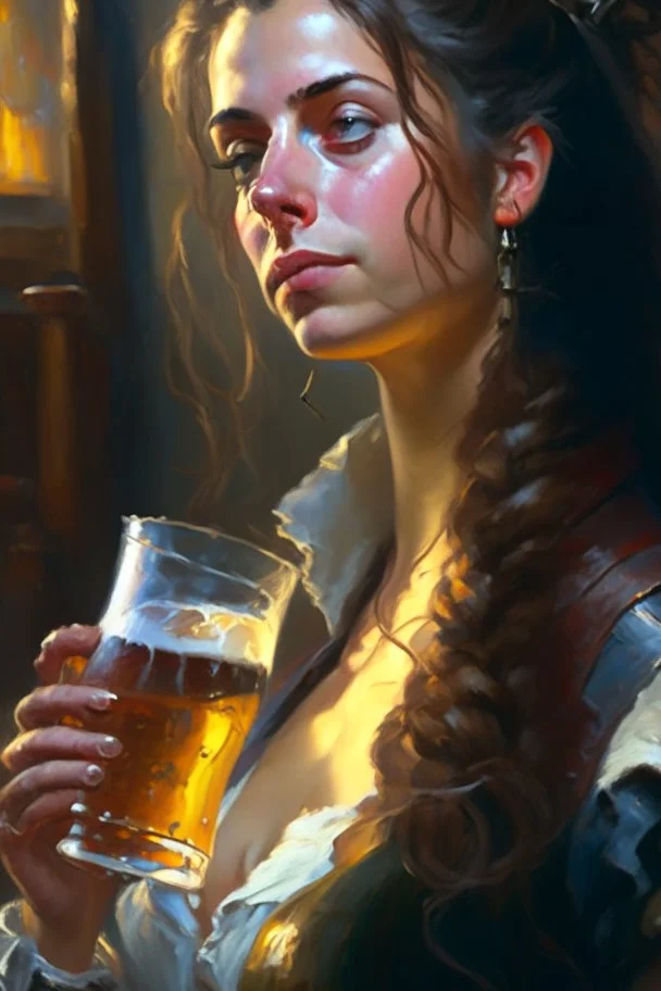 a painting of a woman holding a glass of beer, a fine art painting by Robert Lenkiewicz, cgsociety, fantasy art, detailed painting, 2d game art, unreal engine 5