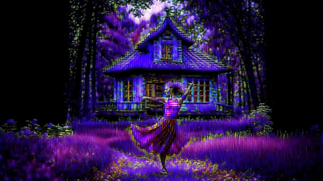 slim nymph dancing in a woodland clearing, with a woodland house behind her. vibrant colour