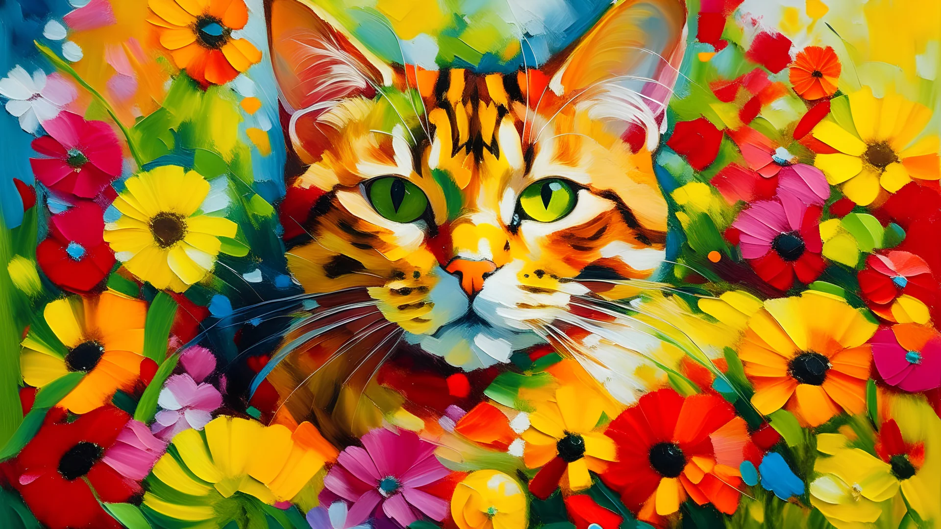 A vibrant painting capturing the playful essence of a cat surrounded by flowers, sunlight, and splashes of color, taken with a Nikon D850, 50mm lens, f/2.8 aperture, during the golden hours, inspired by abstract expressionism.