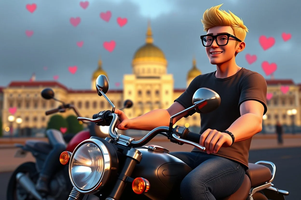 3D video game characters, a short blonde haired man wearing eyeglasses, t-shirts and jeans riding a motorcycle , Hungary, Budapest, Parliament, hearts, happiness