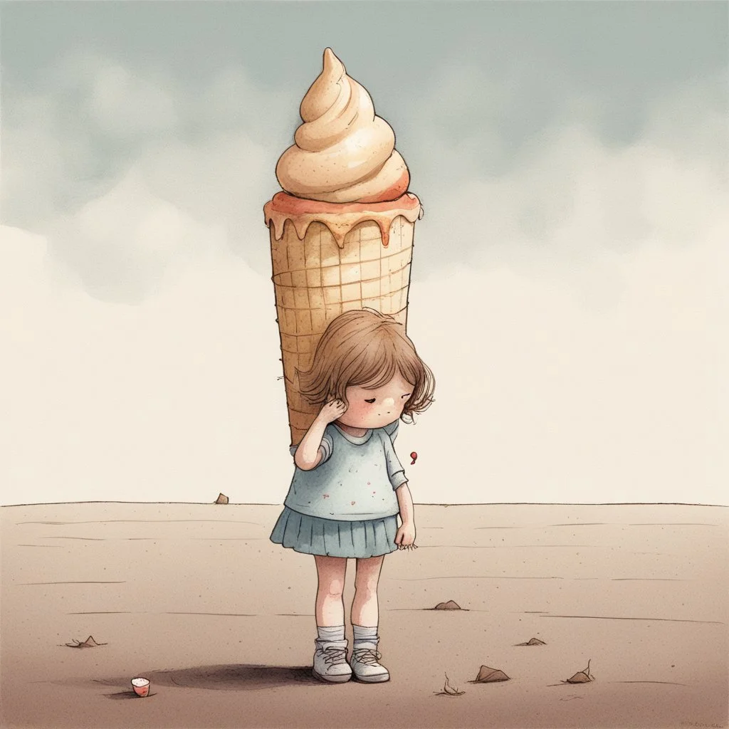 Little girl who has dropped an ice cream cone on ground and is looking at it sadly, by Marc Johns, artistic, profound, dramatic, digital illustration