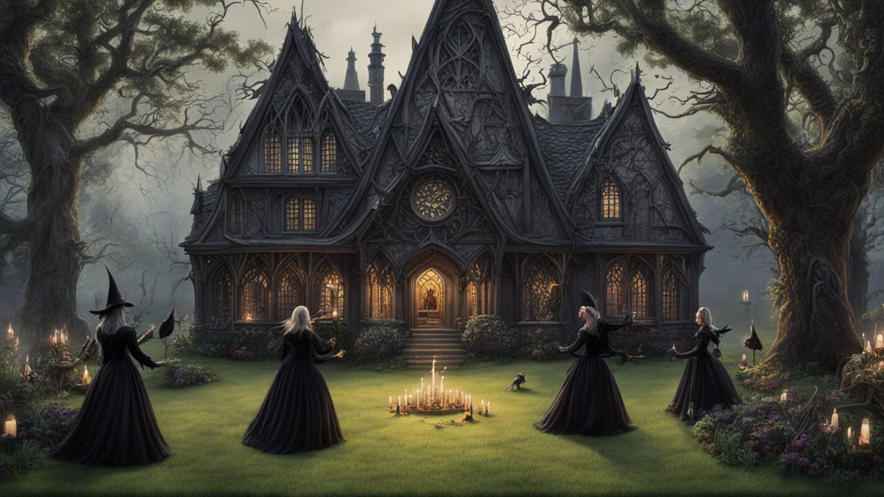 A gothic woodland house with a coven of witches dancing around a pentacle on a lawn in front of the house.