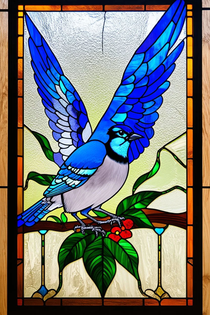 vitrail d'un geai bleu ailes déployées art déco d'après mucha