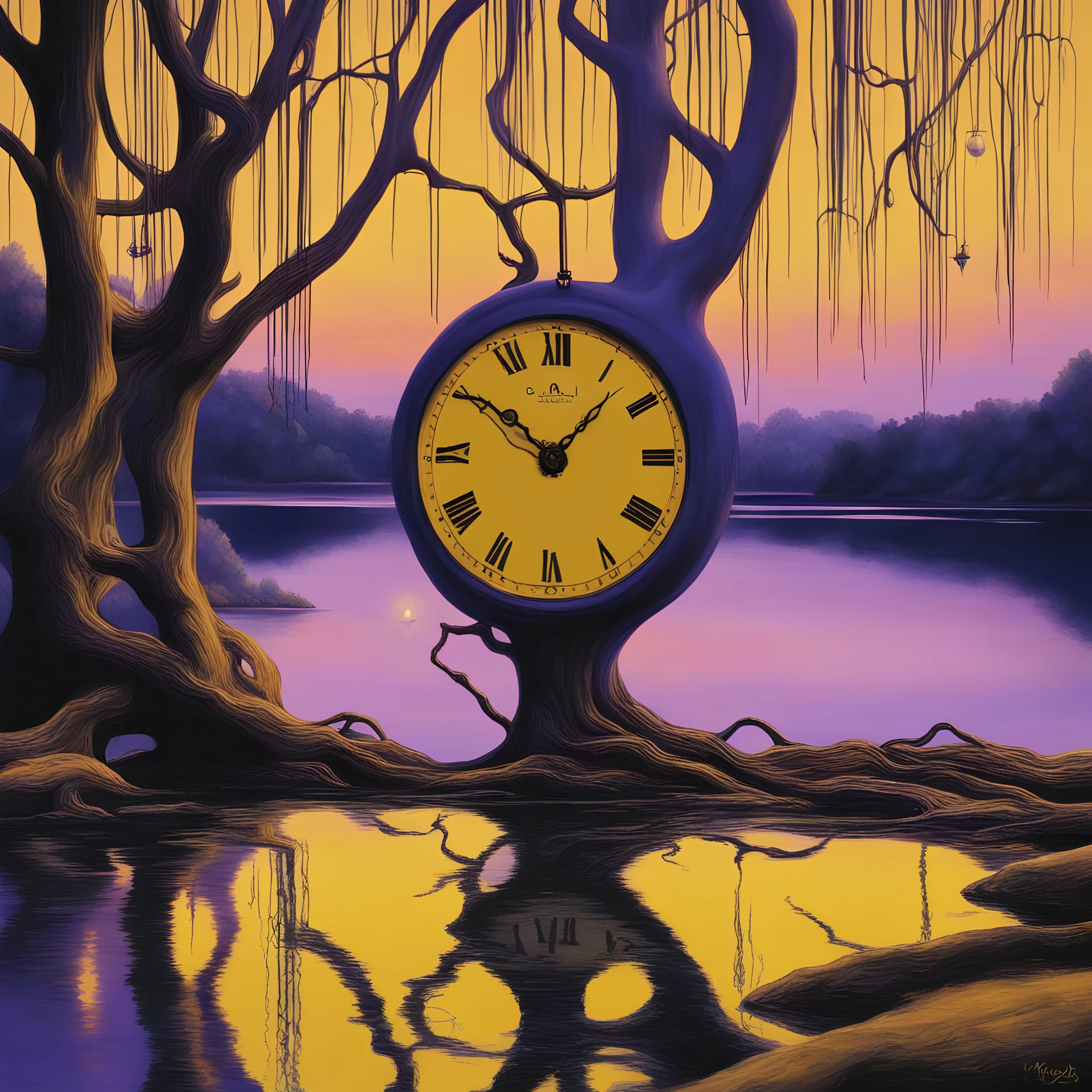 A photo realistic lake, at sunset, surrounded by trees. In the foreground there are clocks melting and draping over the tree branches, Salvador Dali 'Persistence of Memory', surrealism, past, present, future, conceptual art, yellow, purple, navy, no people. Sophisticated colour pattern.