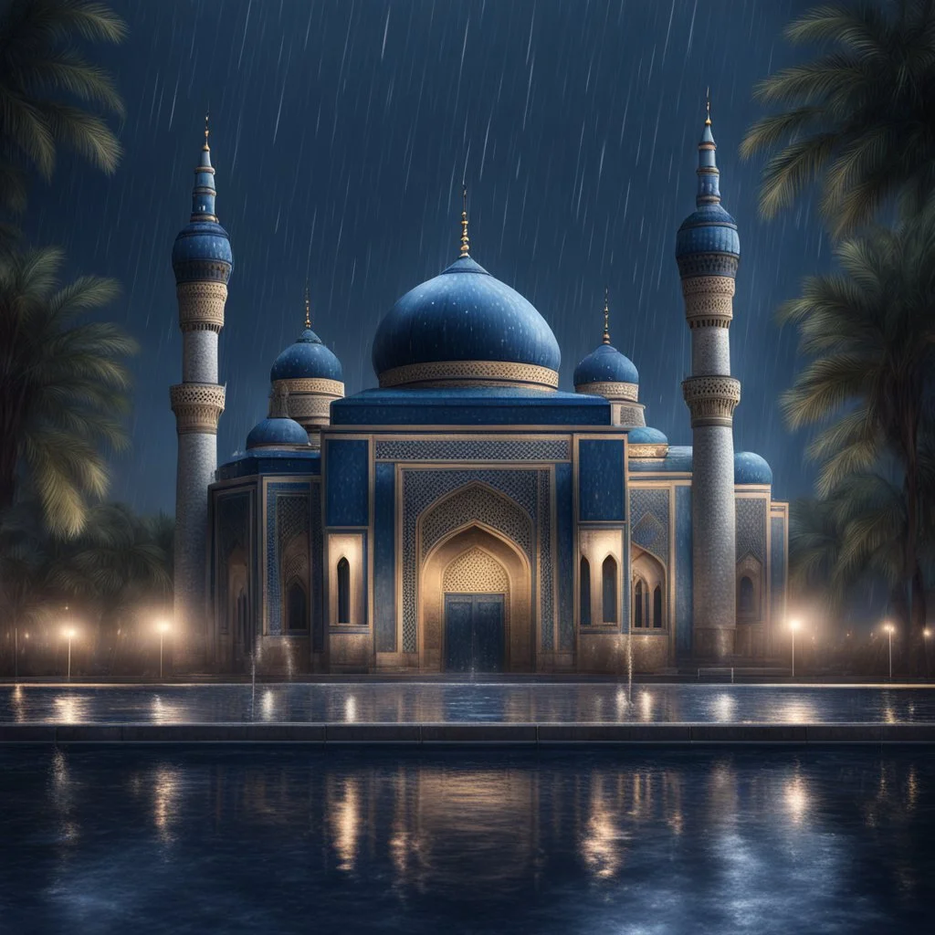 Hyper realistic beautiful navy-blue coloured mosque in a dark rainy night with water fountains