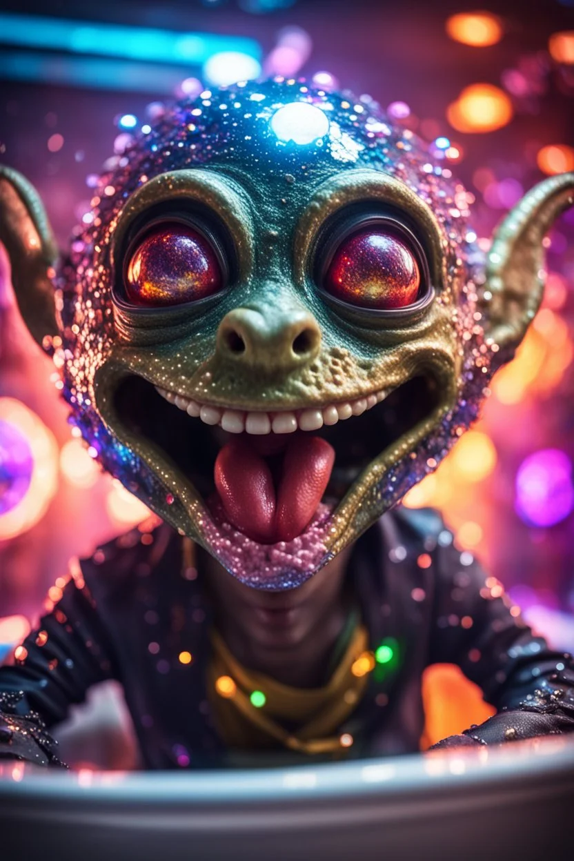 portrait through dirty warped lens of ultimate transcendent happy disco ball helmet wested pimp kobold gremlin alien frown with spotlights and huge dripping tounge sticking head out of a bathtub portal, in front of space portal dimensional glittering device, bokeh like f/0.8, tilt-shift lens 8k, high detail, smooth render, down-light, unreal engine, prize winning