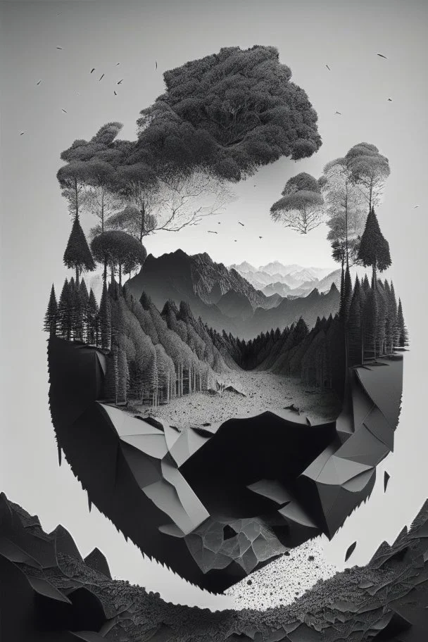 Beautiful landscape with trees, earth opens up and breaks down in black polygons.