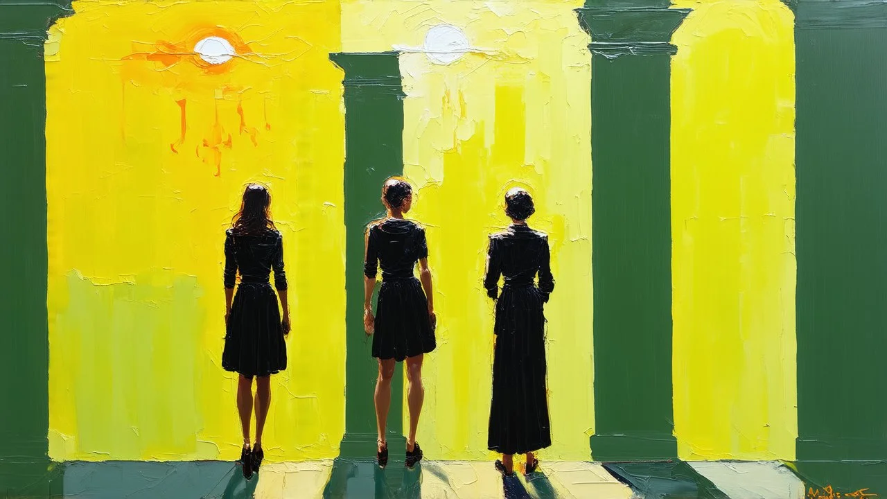 a painting of three people standing next to each other, an acrylic painting, trending on cg society, yellow and limegreen color scheme, monoliths, siluettes, in a row, detailled light, group of people, trending on artstion, female forms, smoldering, suns, chambers