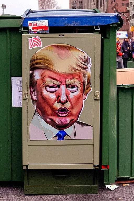 Donald Trump crying behind a dumpster