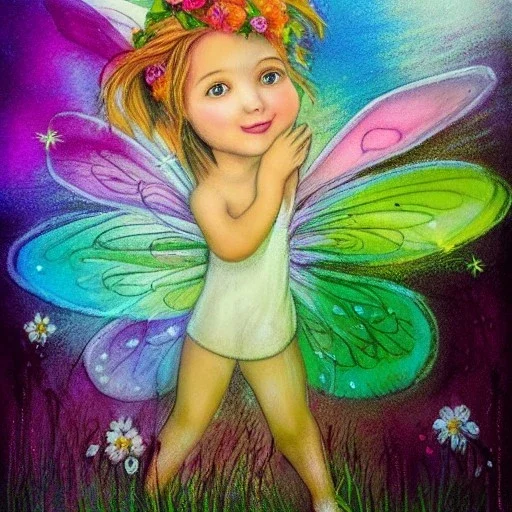 bright fairy, beautiful portrait, flowery landscape, pastel colors