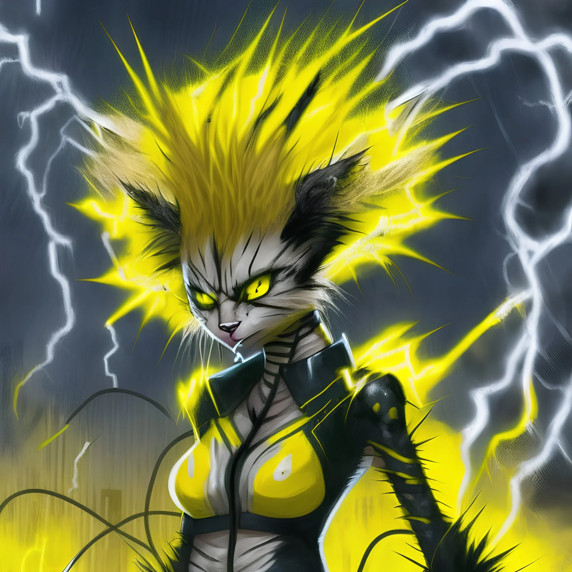 Werecat, (monster girl), short spiked golden hair, yellow fur, black stripes, black lightning stripes, a V marking on forehead, yellow tv-like antenna, a yellow and black striped tail, electricity all around them, thunderbolts in the background